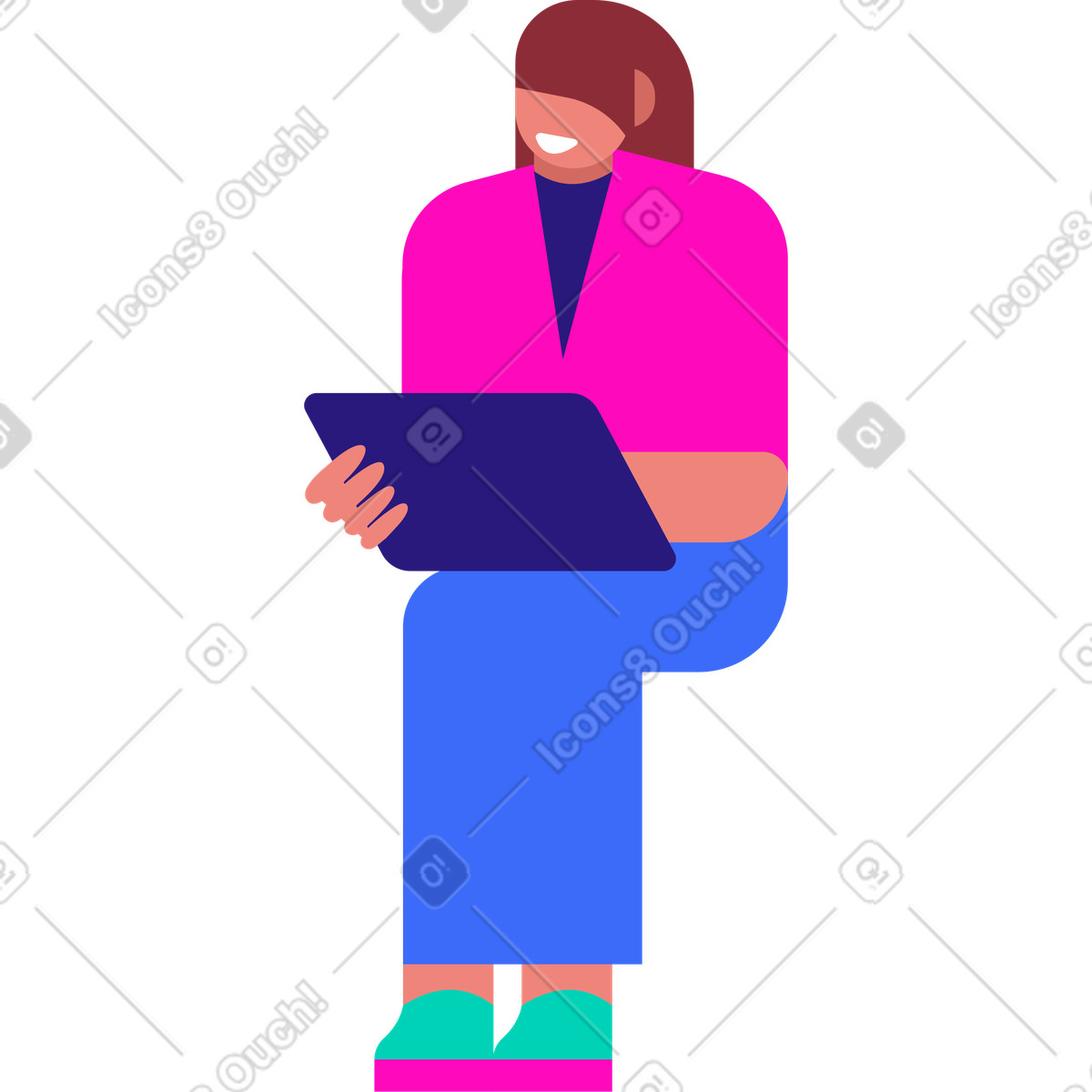 Frau sitzt und arbeitet am tablet-Illustration im Basic-Stil als Download in PNG, SVG