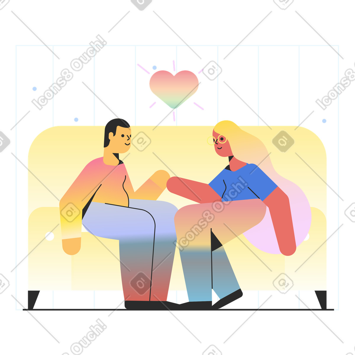 Marginalia スタイルの ソファに座って恋をするカップル のイラストをPNG、SVG形式でダウンロード