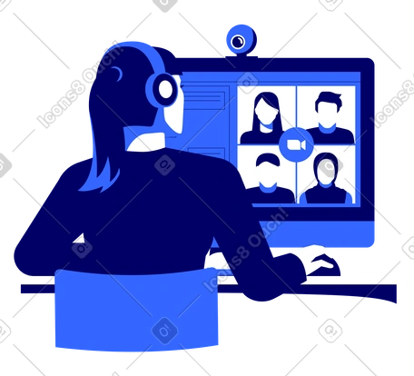Woman behind computer on online meeting animated illustration in ...