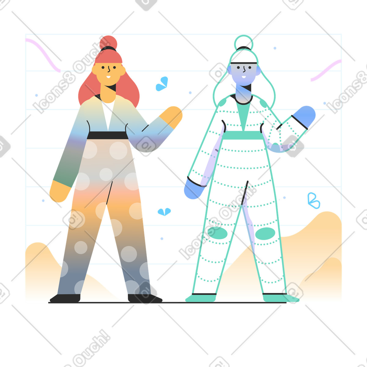 Donna accanto al suo clone ai illustrazione in stile Marginalia scarica in PNG, SVG