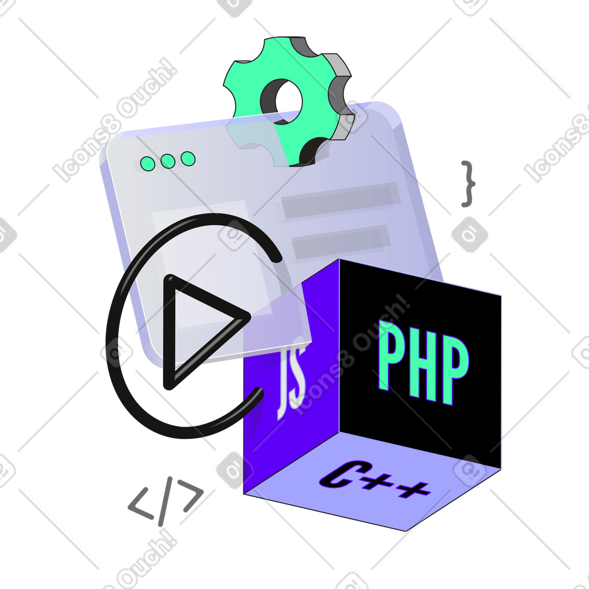 Coding window and programming languages illustration in Incut style download in PNG, SVG