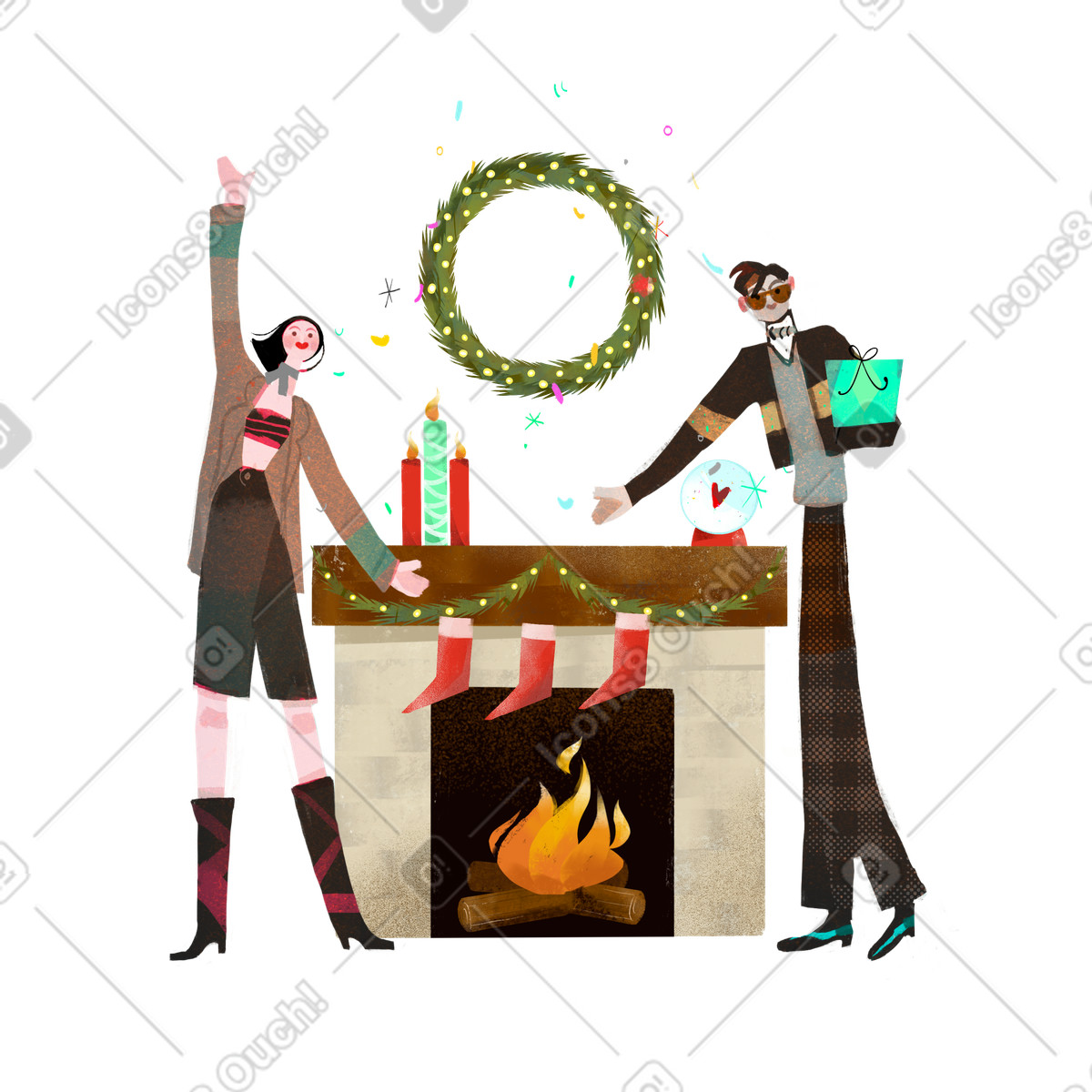Ilustração de Homem e mulher comemorando o natal na lareira em no estilo Fabulous para baixar em PNG, SVG