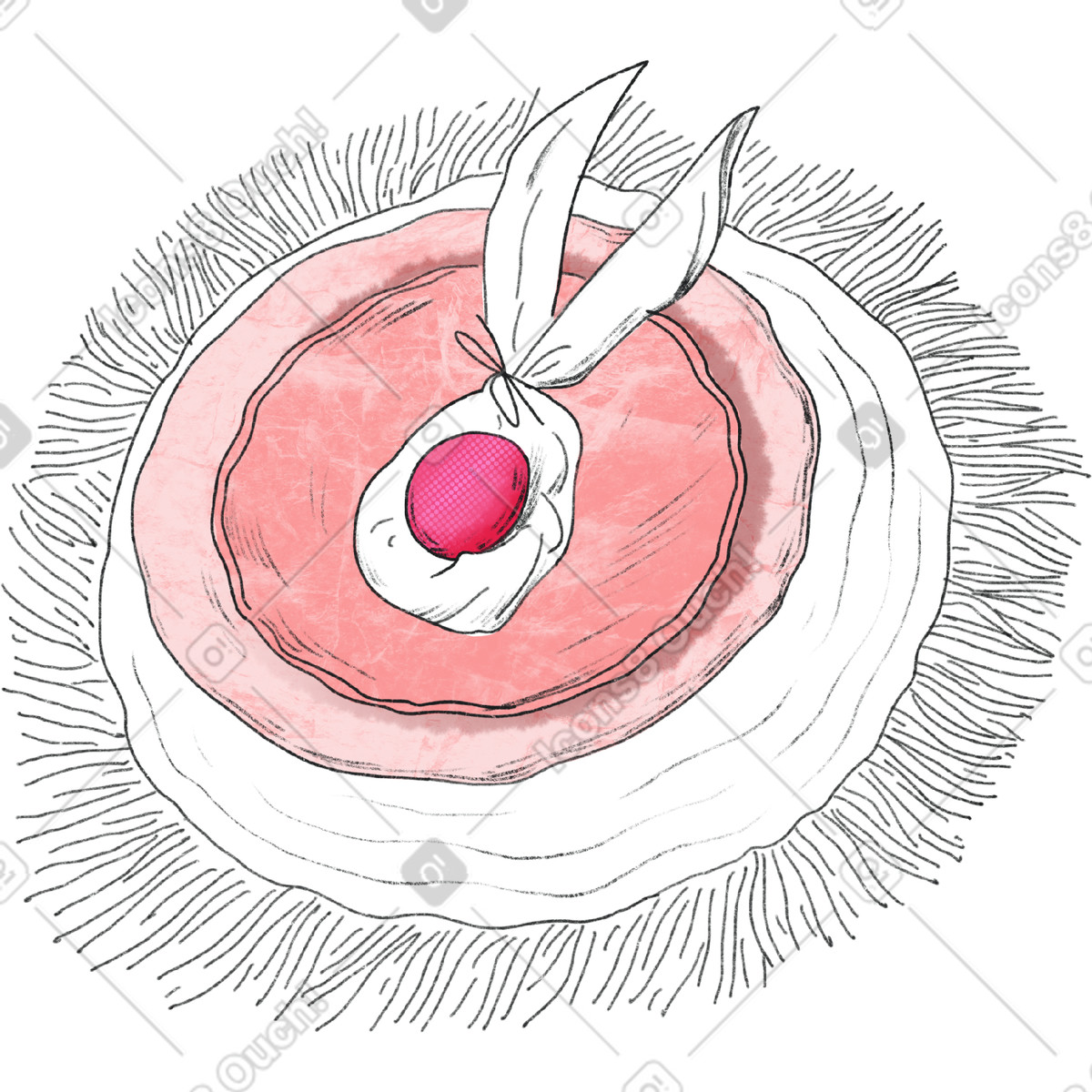 Ilustración Pink plates with an egg on a knitted napkin en estilo Moments descargar en PNG y SVG