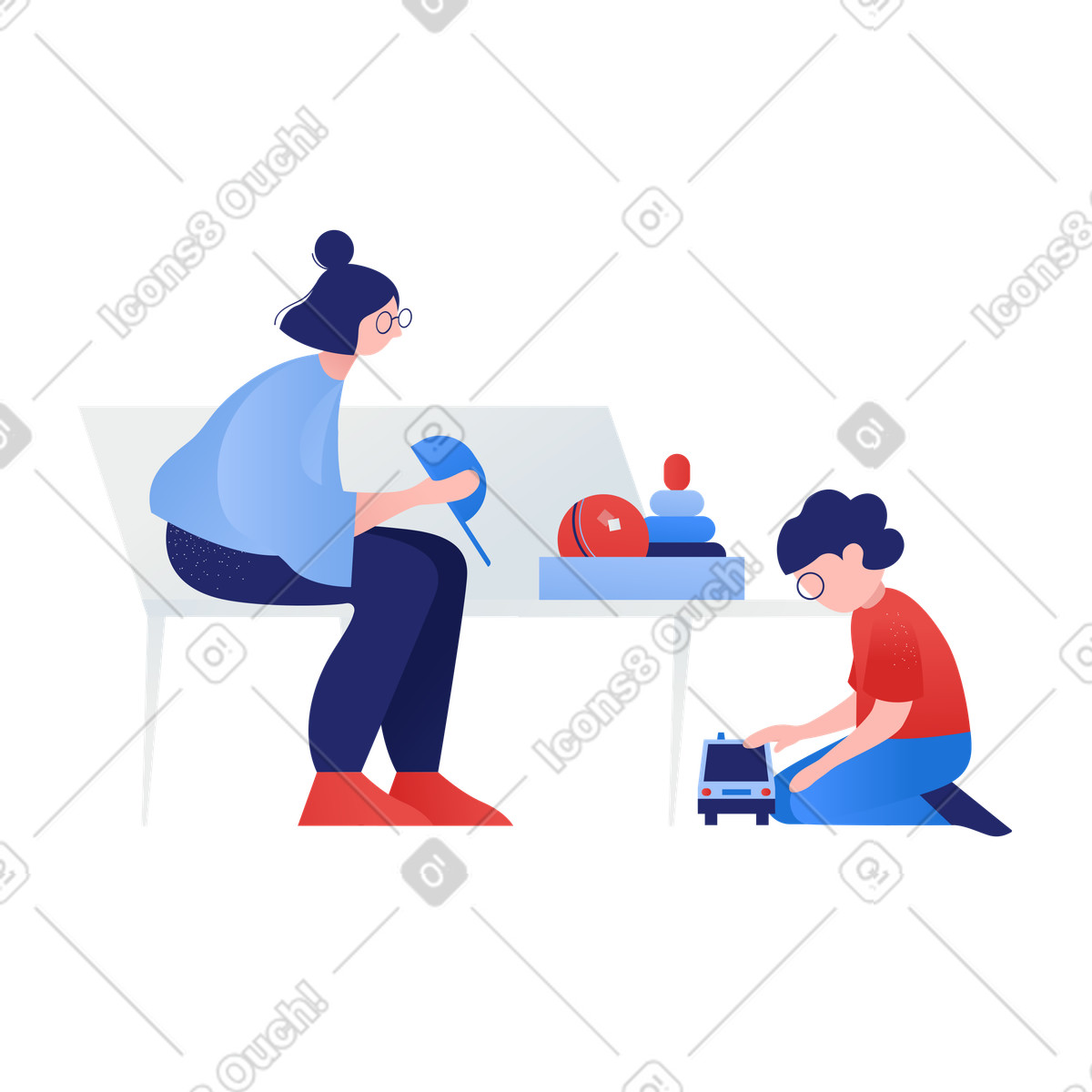 Woman sits on a bench looking after boy playing with toy car illustration in Clip style download in PNG, SVG