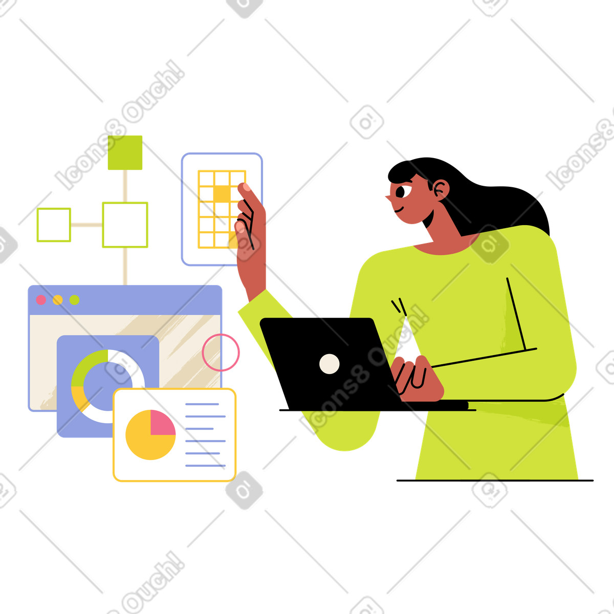Ilustración Mujer trabajando con analítica web en estilo Juicy a descargar en PNG y SVG