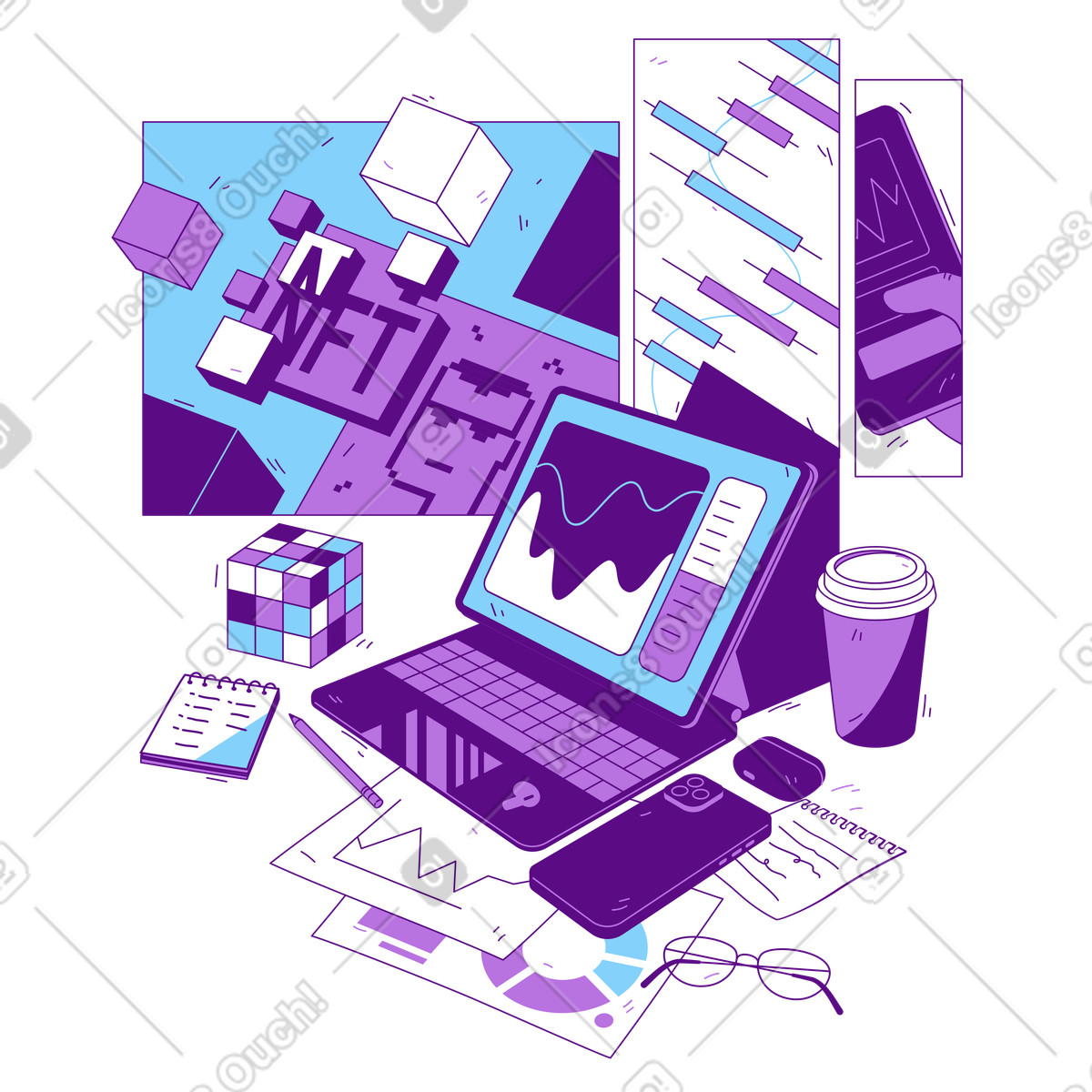 Cryptocurrency and NFT market analytics animated illustration in GIF, Lottie (JSON), AE