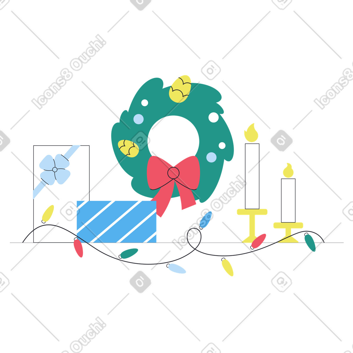Ilustração de Christmas gifts and wreath with candles, Festive decorations em no estilo Boba para baixar em PNG, SVG