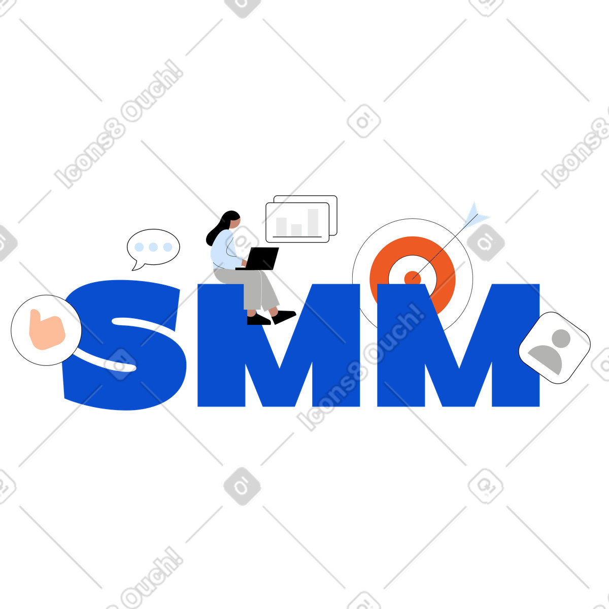 Tiny 스타일의 Arrow hitting target beside SMM letters, Online advertising and audience targeting 일러스트레이션 PNG, SVG 다운로드