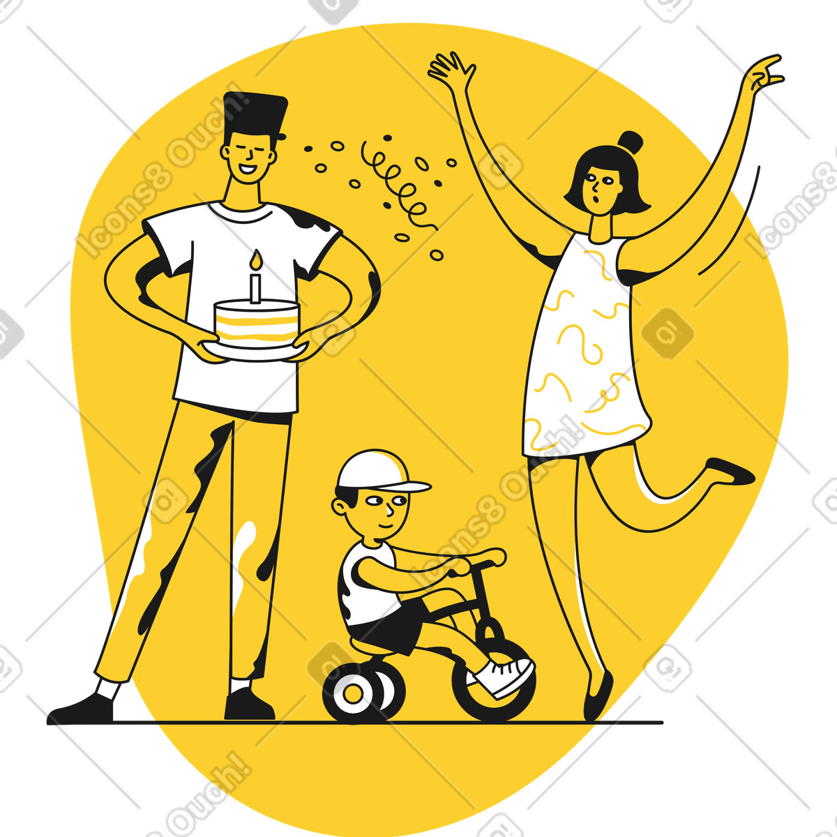 Parents celebrating their child's birthday illustration in Taxi style download in PNG, SVG