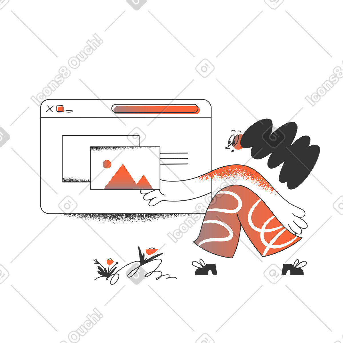 Designer inserting image into website page illustration in Crayon style download in PNG, SVG