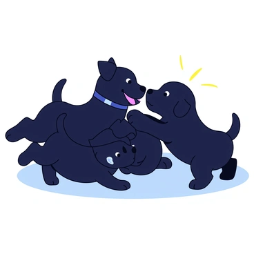 A small litter of black Labrador puppies is playfully tumbling over each other. The puppies have shiny coats and bright, sparkling eyes. They are engaged in a joyful playfight, with some of them gently biting each other's ears and paws. One puppy is standing on its hind legs, while others are sprawled on their bellies, creating a scene of energetic chaos. The puppies are surrounded by a soft grassy surface, adding a touch of natural warmth to their playful interactions.