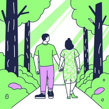 A couple is walking hand-in-hand along a narrow path in a dense forest. The man has short hair and is wearing a green shirt and brown pants. The woman has long hair tied in a ponytail and is dressed in a patterned dress. Sunlight filters through the thick canopy of leaves overhead, creating dappled patterns of light on the forest floor. Surrounding them are tall trees with textured bark and a variety of green foliage, adding depth to the serene environment.