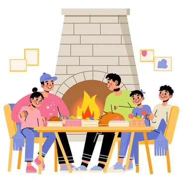 A family gathered around a large stone fireplace made of gray stones, with a warm, flickering fire inside. They are seated at a wooden dining table, which is filled with various dishes, including a roasted turkey, colorful vegetables, and baskets of bread. The family members include a mother, father, and two children, all smiling and engaged in conversation. There are cozy blankets draped over the chairs, and the walls are adorned with framed family photos. The warm glow from the fire illuminates the scene, creating a festive atmosphere.