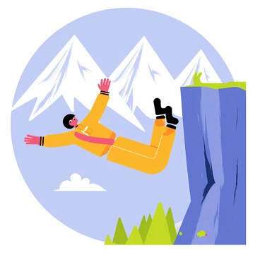 A skydiver wearing a bright orange jumpsuit is diving from a high cliff. The skydiver's arms are spread wide as they descend, and a parachute is packed on their back. In the background, there are tall snow-capped mountains with sharp peaks and a clear blue sky above. The sun casts bright light, highlighting the edges of the mountains and the cliffs. Below, there are patches of green forests and rocky outcrops visible.