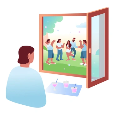 A person with short hair is standing inside a room, looking out through a large window. The window frame is wooden and has a slight reflection of the indoor light. Outside, a group of people is gathered in a garden area, engaging in conversations and laughing. They are dressed in casual summer clothing, surrounded by green grass and colorful flowers. The setting is illuminated by warm sunlight, casting soft shadows. A small table with drinks is visible in the foreground outside the window.