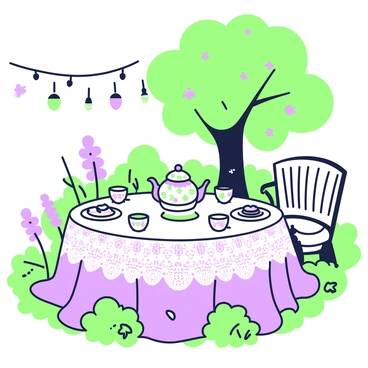 A whimsical garden tea party is set up on a large, round table covered with a lace tablecloth. At the center, there is a colorful teapot with intricate patterns, surrounded by several delicate china teacups, each with unique designs. There are small plates filled with assorted pastries and finger sandwiches, arranged neatly on the table. The garden is lush, with various flowers blooming around the scene. A vintage-style chair sits beside the table, and a gentle breeze causes the flowers to sway. In the background, a large tree provides shade, and a string of lights hangs delicately from its branches.