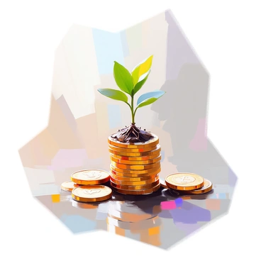 A small green plant with vibrant leaves is emerging from a stack of shiny gold coins, symbolizing investment growth. The coins are neatly arranged in a tall stack, glinting brightly under soft light. The delicate roots of the plant visibly intertwine with the coins, signifying nourishment and support. The background is softly blurred, emphasizing the focus on the plant and coins, creating a harmonious composition of nature and finance.