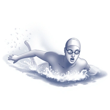 A swimmer is captured mid-action, executing a powerful butterfly stroke. The swimmer is fully submerged, with arms extended forward and body arched. Water splashes dramatically around the swimmer, creating a dynamic scene with droplets flying outward. The swimmer's legs are kicking behind, generating energy and motion in the water. The expression on the swimmer's face shows determination and focus, emphasizing the effort put into the stroke.