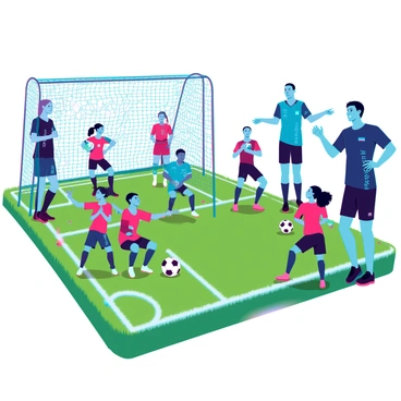 A summer soccer camp taking place on a bright, sunny day. A diverse group of children, wearing colorful soccer jerseys and shorts, are practicing various skills such as dribbling and passing on a well-maintained grassy field. Some kids are engaged in a lively scrimmage, showing excitement as they chase the ball. Enthusiastic coaches, dressed in sports attire, are actively instructing and providing guidance to the young players, with one coach demonstrating a technique while others offer encouragement. Brightly colored cones are scattered around the field, marking areas for drills and practice sessions. In the background, trees and a clear blue sky add to the vibrant atmosphere.