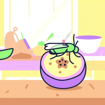 A Drosophila is perched on a piece of overripe fruit, which has a mottled, soft surface with brown spots indicating its ripeness. The fruit is sitting on a wooden kitchen counter with a subtle grain texture. In the background, there are indistinct kitchen items like a cutting board, a knife, and an empty bowl, hinting at recent food preparation. Light is streaming in from a nearby window, casting soft shadows around the fruit, creating a warm kitchen atmosphere. The Drosophila, with its distinct body shape and wings, is positioned near the center of the fruit, emphasizing its feeding activity.