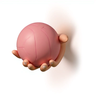 A close-up of a hand, with fingers tightly wrapped around a red dodgeball, preparing to throw. The hand is depicted with defined knuckles and slight tension in the fingers, showcasing a solid grip. The dodgeball has a textured surface and visible stitching, emphasizing its round shape. The background is softly blurred to focus attention on the hand and the ball, creating a sense of movement and anticipation.