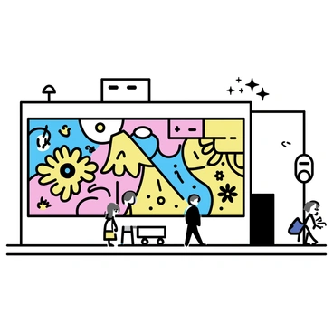 A large mural covering the side of a building, featuring a variety of bright colors and intricate designs. The mural displays abstract shapes and patterns that blend together harmoniously. Elements such as flowers, geometric forms, and whimsical creatures are incorporated throughout the composition. The building itself is a simple structure with a plain facade, providing a stark contrast to the vibrant mural. The scene is set in a bustling urban environment, with pedestrians walking by, admiring the artwork.