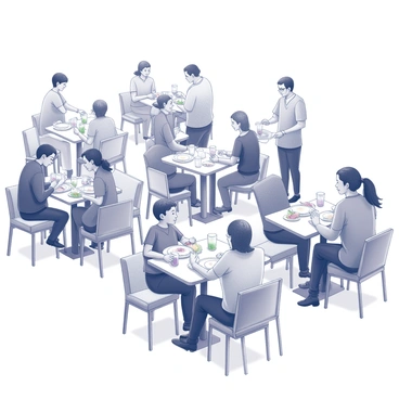 A hospital cafeteria filled with numerous tables and chairs. Several people are sitting at the tables, engaged in conversation while enjoying their meals. A variety of food items, such as sandwiches, salads, and drinks, are visible on the tables. A staff member is seen clearing away empty trays in the background. The atmosphere is lively, with people of different ages, including healthcare workers in scrubs, families, and patients, creating a dynamic scene.