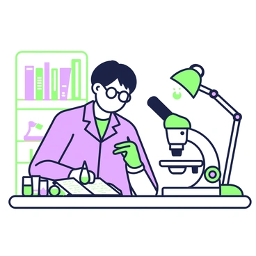 A researcher with glasses is sitting at a wooden desk, focused on documenting findings in a notebook. The researcher has short hair and is wearing a lab coat. On the desk, there is a microscope with a sample slide positioned underneath the lens. The researcher holds a pen in their right hand, while the left hand rests on an open notebook filled with handwritten notes. Next to the microscope, there are several small vials containing samples, and a bright lamp illuminates the workspace. In the background, a bookshelf filled with various scientific texts is slightly visible.