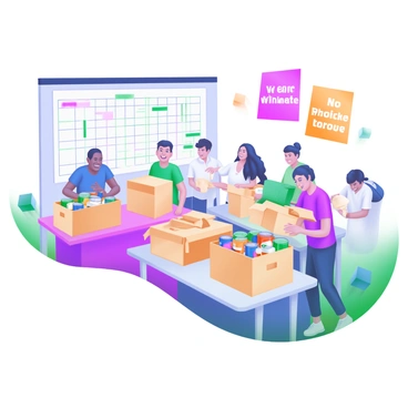 A modern pastel illustration depicting a community group gathered in a bright, cheerful room. The group consists of diverse individuals with smiles, working together to organize various wholesale products. On tables, there are neatly stacked boxes filled with goods such as canned food, clothes, and household items. Some members are placing items into bags, while others are labeling boxes. In the background, a large chart is pinned to the wall, showcasing the group’s progress in gathering donations. Colorful banners with motivational phrases hang above, adding to the lively atmosphere.