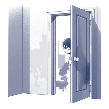 A character is positioned at a partially open door, leaning slightly forward to peer inside. The door is wooden and shows signs of age, with intricate carvings along its edges. Light spills from the room beyond, casting elongated shadows that create a dramatic contrast. The character has an expression of curiosity and concern, their eyes wide and brows slightly furrowed, reflecting their emotional state. The doorway is framed by walls that have peeling paint, hinting at a forgotten past. In the space beyond the door, vague outlines of furniture and objects can be seen, suggesting hidden secrets waiting to be discovered.