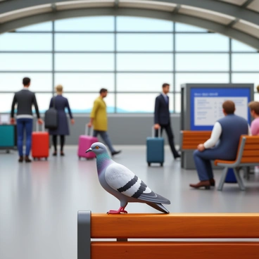 A pigeon with gray and white feathers is perched on a wooden bench at the ferry terminal. The bench is made of polished wood, with a few scratches visible on its surface. In the background, travelers are moving about, some with luggage in hand, while others are sitting or standing nearby, glancing at the ferry schedule. The terminal is filled with large glass windows that allow natural light to filter in, illuminating the scene. The pigeon appears alert and observant, its head turned slightly as it watches the people around it.