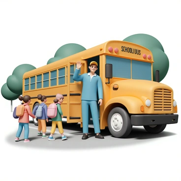 A friendly school bus driver, wearing a blue uniform and a yellow cap, is standing at the open door of a bright yellow school bus. The driver is waving with a big smile on their face. Around the bus, several children are approaching with excitement, each wearing colorful backpacks. Some kids are wearing jackets in different colors; one is in a red jacket, another in a green sweater, and a third in a blue hoodie. The bus is parked on a tree-lined street, with the sun shining down, creating a cheerful atmosphere.