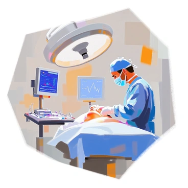 A surgeon with short brown hair and wearing a blue surgical scrub and a surgical mask stands in an operating room. The surgeon has a focused expression as they carefully operate on a patient lying on the operating table. The room is equipped with large surgical lights above, and various medical instruments are arranged on a tray nearby. Monitors displaying vital signs are visible in the background, adding to the clinical atmosphere of the scene.