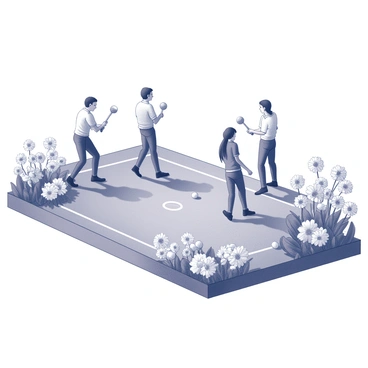 A croquet game in progress on a well-maintained lawn. The croquet set includes mallets, balls, and hoops positioned in a strategic layout. Surrounding the lawn, there are numerous blooming flowers, showcasing a variety of shapes and sizes. The flowers are arranged in vibrant clusters, adding depth to the garden scene. Several players are engaged in the game, showing focus and concentration, while others are observing from the sidelines. The overall atmosphere reflects the lively spirit of a spring day.
