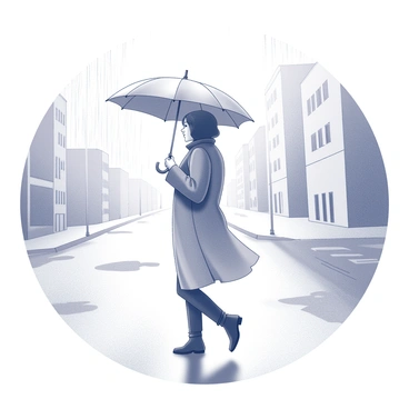 A person is walking along a rain-soaked street, holding a large umbrella above their head. The street is empty, with slick pavement reflecting the puddles that have formed. The figure is dressed in a long coat, with the umbrella providing shelter from the falling rain. The scene captures the interaction between the person's movements and the gentle droplets descending from the sky. Surrounding buildings are partially visible, adding to the sense of a quiet, subdued atmosphere.