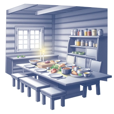 A rustic sugar shack interior with wooden beams and walls made of weathered timber. The main focus is on a long wooden table set for dinner. The table is adorned with rustic tableware, including earthenware bowls and utensils. A large centerpiece features a variety of hearty dishes, such as a steaming pot of stew, roasted vegetables, and freshly baked bread. Surrounding the table are simple wooden chairs, and the warm glow of candlelight illuminates the scene. In the background, shelves are stocked with jars of maple syrup and other ingredients, enhancing the cozy atmosphere.