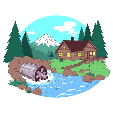 A small hydro turbine is situated in a mountain stream, the water flowing swiftly around it. The turbine is made of shiny metal, reflecting the surrounding natural colors. Nearby, a rustic cabin made of wood is nestled among tall pine trees on the bank of the stream. The cabin has a chimney with smoke gently rising into the clear blue sky. Beside the cabin, a small wooden deck overlooks the stream, where a few wildflowers are blooming, adding touches of color to the scene. The sunlight filters through the trees, creating a dappled light effect on the water and the cabin.