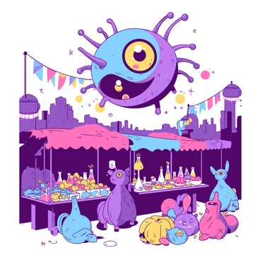 A vibrant, multifaceted beholder with large, expressive eyes is floating above colorful stalls at a magical street market. The beholder's central eye is wide open, taking in the scene, while its smaller eye stalks are pointed at various items for sale. Each stall is adorned with an array of enchanting goods, including glowing potions, sparkling crystals, and exotic fruits. The market is bustling with various magical creatures, each engaged in lively conversation or bartering. Colorful banners flutter above the stalls, enhancing the lively atmosphere of the market.