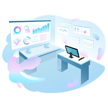 A modern sales innovation lab filled with cutting-edge technology. The room features sleek desks equipped with advanced computers and large data panels displaying colorful graphs and analytics. Various interactive screens are mounted on the walls, showcasing real-time sales data and trends. In one corner, a digital whiteboard is covered with brainstorming ideas and diagrams. The lighting is bright and vibrant, enhancing the high-tech atmosphere of the space.