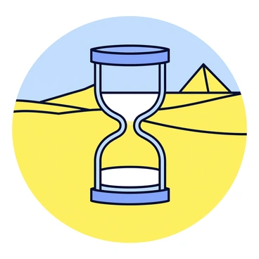 An hourglass half-buried in desert sand with a distant pyramid in the background