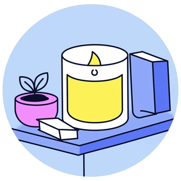 A citron-scented candle with a smooth, cylindrical shape is burning softly. The candle is housed in a simple glass holder that reflects the warm glow of the flame. The room is dimly lit, with gentle shadows created by the flickering light. A subtle, yellowish hue of the candle illuminates the surrounding area, creating a cozy atmosphere. There are minimalistic decorations on the nearby surface, such as a small potted plant and a book, enhancing the calm setting.