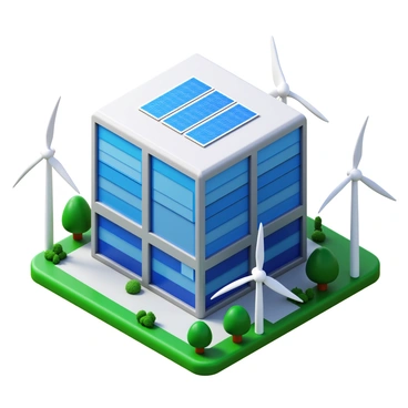 A data center building with a modern design, featuring large glass windows and multiple levels. Surrounding the data center, there are wind turbines with sleek blades spinning gently in the breeze. Solar panels are mounted on the roof of the data center, absorbing sunlight. The area around the building is lush with greenery, including trees, shrubs, and grass, creating a vibrant and eco-friendly landscape.