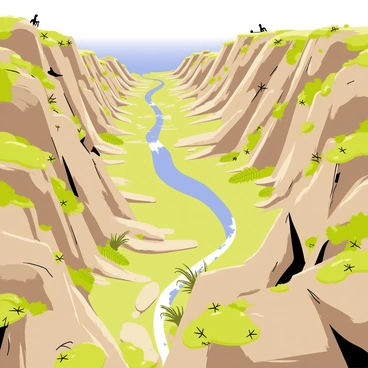 A bird's eye view of a rugged landscape featuring large rocky formations and deep valleys. The terrain is scattered with patches of greenery and massive boulders. Vast open spaces stretch out, showing a mix of earthy browns and greens. In the distance, a river winds through the landscape, reflecting a clear blue sky. A few large ferns and ancient-looking trees are spread across the ground, emphasizing the prehistoric theme.