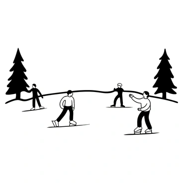 A frozen lake in winter, with ice skaters gliding across the surface under a clear sky