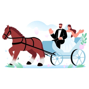 A bride in a white gown with intricate lace details is sitting next to a groom in a classic black tuxedo. They are riding in a vintage horse-drawn carriage adorned with floral decorations. The bride's veil flows gently in the breeze as they smile and wave at the guests gathered nearby. The horse pulling the carriage is a majestic brown color, and the carriage is painted in a soft pastel shade. The surroundings are filled with greenery and scattered petals, creating a festive atmosphere.