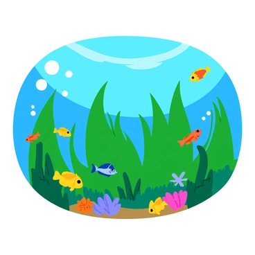 A vibrant underwater scene depicting a meadow-like environment. The background features a clear blue ocean with sunlight filtering through the surface. Numerous tropical fish in bright colors, such as yellow, blue, and orange, swim playfully among the lush green seagrass that sways gently in the water current. The seagrass is tall and appears textured, creating a lively habitat. There are scattered coral formations in various shapes and colors, adding depth to the scene. A few bubbles rise to the surface, enhancing the underwater atmosphere.