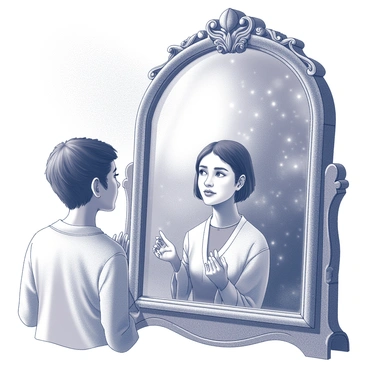 A person stands in front of an ornate, antique mirror. The mirror has an intricately decorated frame, featuring swirling patterns and embellishments. The individual's expression is one of awe and longing, as they gaze deeply into the glass. The reflection in the mirror captures a vivid scene of their deepest desires, showcasing elements that represent their wishes or aspirations. The background is a softly lit room with rich textures, enhancing the atmosphere of the moment.