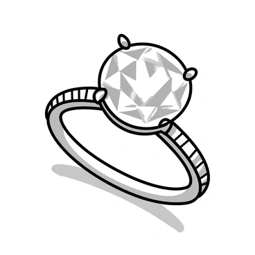 A diamond ring featuring a large, round brilliant-cut diamond set in a white gold band. The band is sleek and polished, showcasing a delicate design with intricate detailing. The diamond sparkles vividly, reflecting light in various directions. Surrounding the main diamond, there are smaller diamonds encrusted along the band, adding extra brilliance to the piece. The ring is positioned on a soft, neutral-colored surface, emphasizing its luxurious appearance.