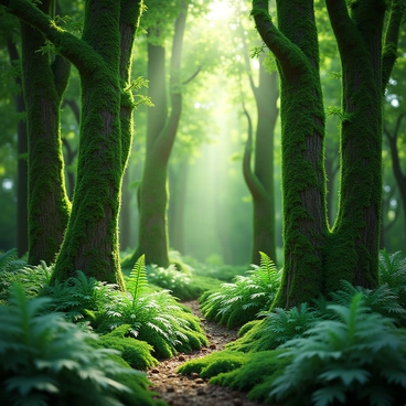 A dense ancient forest scene featuring towering trees with thick trunks. The trees are covered in vibrant green moss, creating a lush texture. Ferns grow abundantly at the base of the trees and throughout the forest floor, adding depth to the scene. Sunlight filters through the canopy, casting dappled light across the rich foliage.