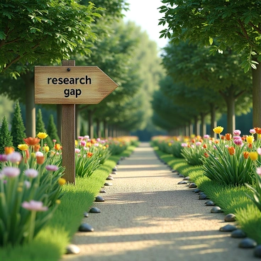 A garden path surrounded by vibrant green grass and colorful flowers, leading into a serene wooded area. On the path, there is a wooden signpost with an arrow pointing toward an area labeled "research gap." The sign is weathered, with the text clearly visible in bold letters. Along the sides of the path, there are small decorative stones, and sunlight filters through the leaves of the trees overhead, creating subtle patterns on the ground.